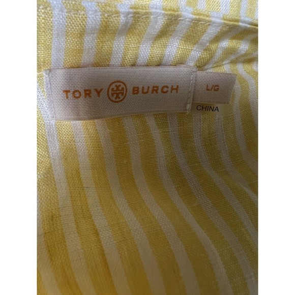 Tory Burch Linen Maxi Dress Yellow/ White Stripe Caftan Women’s Size Large - Picture 11 of 12